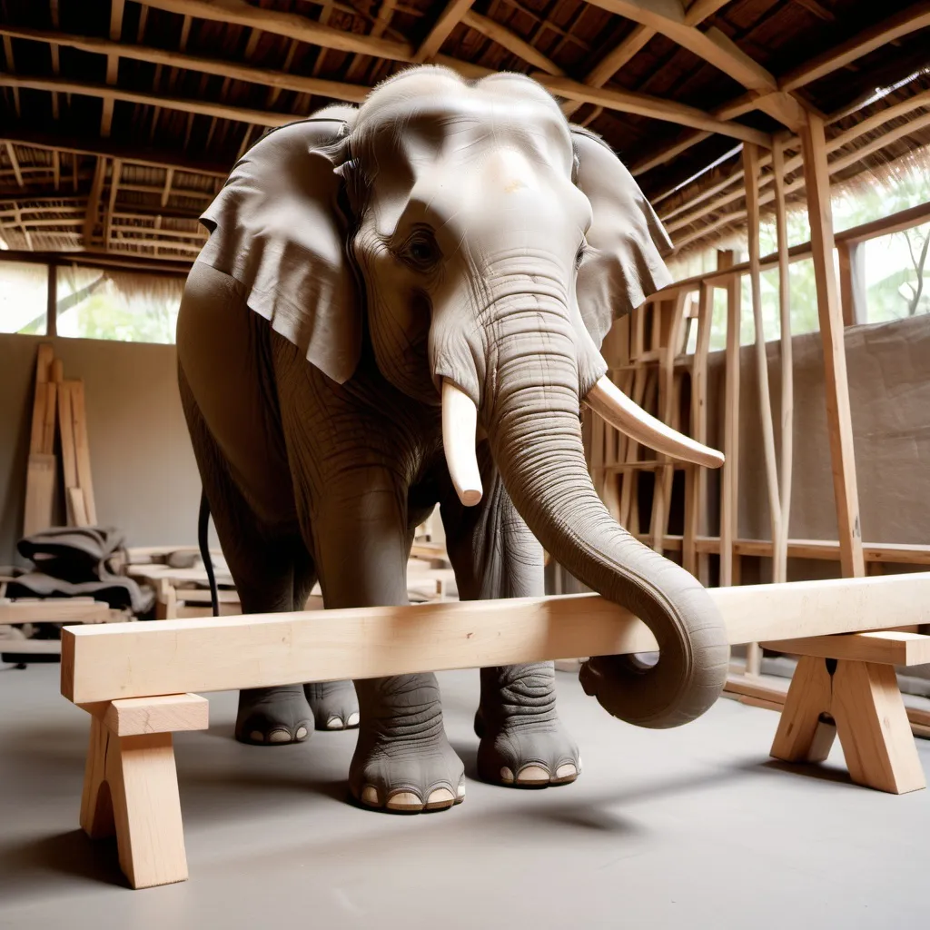 Prompt: draw an elephant by hand sitting of timber beam of circular section with diameter of 40 cm and 4.00 meters length. It has one pinned support another roller