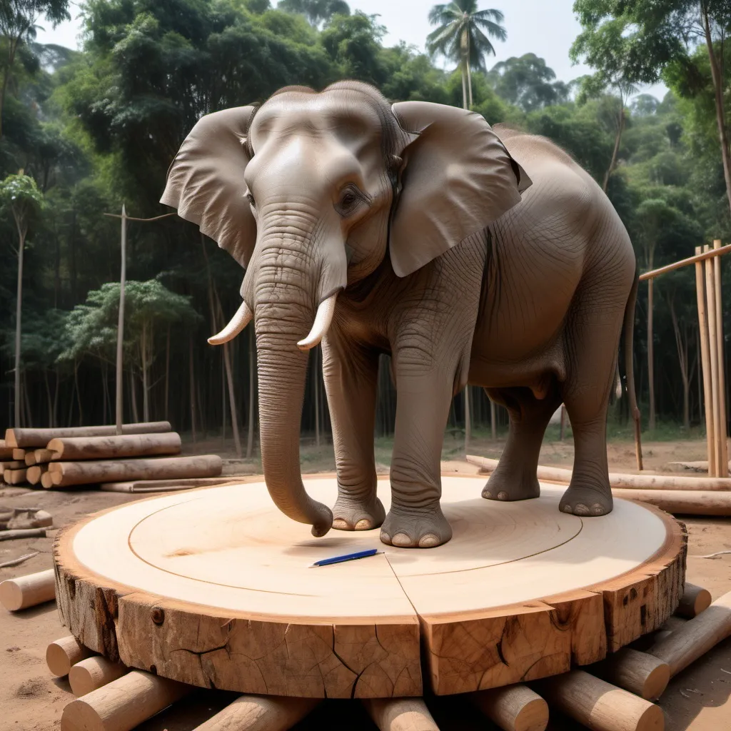 Prompt: draw an elephant by hand sitting on middle of upper surface of timber beam of circular section with diameter of 40 cm and 4.00 meters length. It has one pinned support another roller