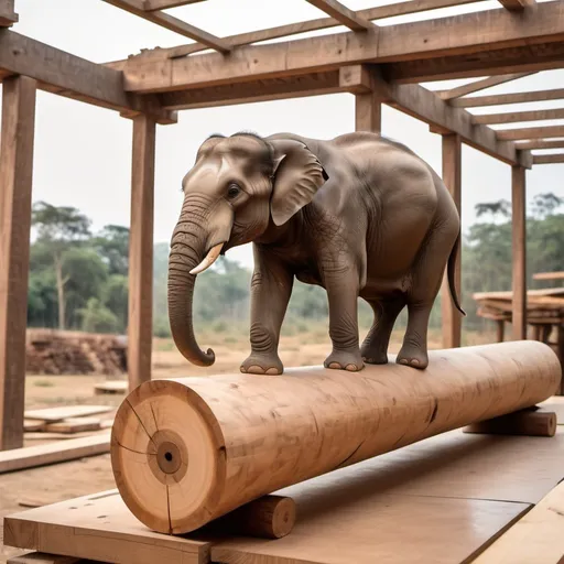 Prompt: draw an elephant by hand sitting on middle of upper surface of timber beam of circular section with diameter of 40 cm and 4.00 meters length. It has one pinned support another roller