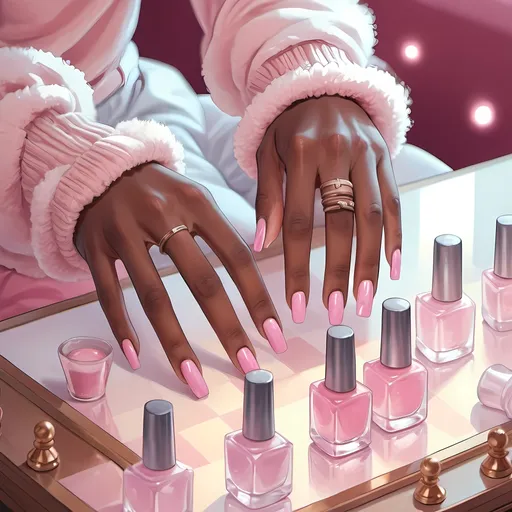 Prompt: Anime illustration of a close-up, black girl's hands, applying chess-shaped nail polish, girly fuzzy bedroom, pink color palette, comfortable shorts and tank top, detailed nail polish, cozy atmosphere, professional lighting