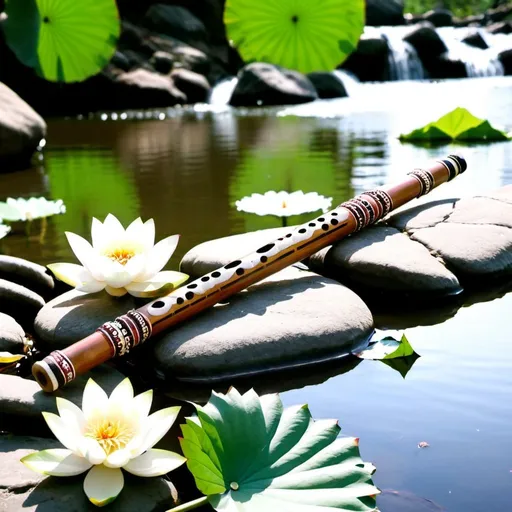 Prompt: Indian bansuri lying on a rock near a river. River has white lotus away from the flute. Reflection of Lotus can be seen.