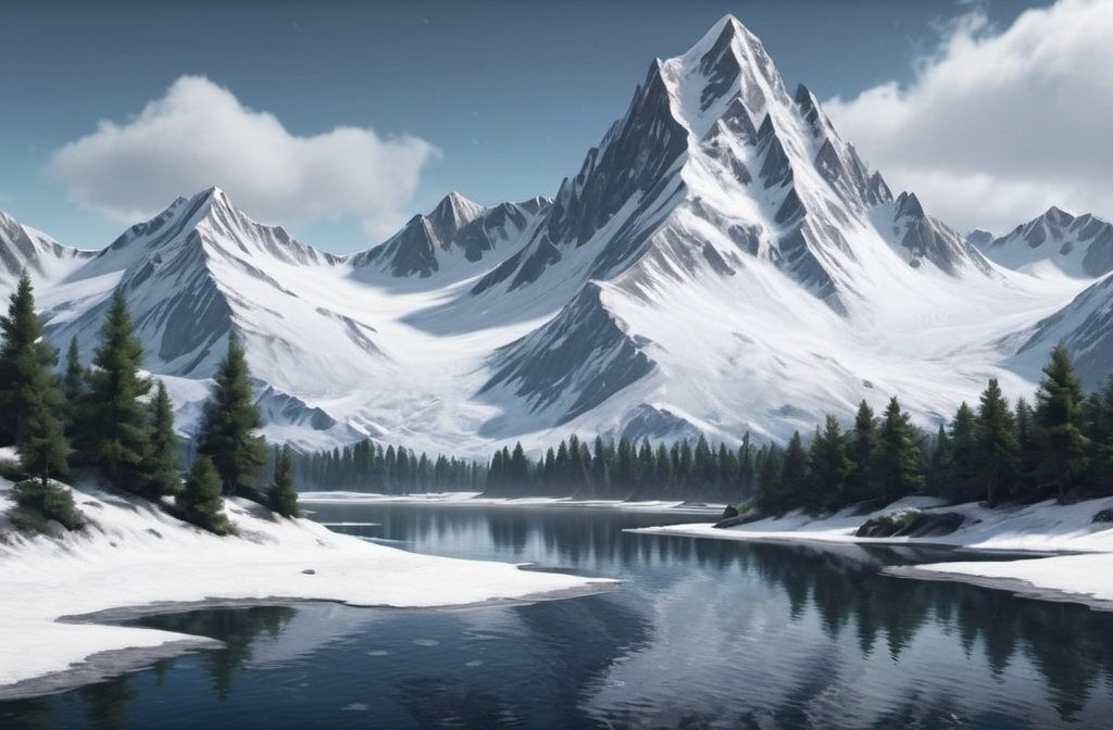 Prompt: Realistic texture art containing snowy mountains and a water body.