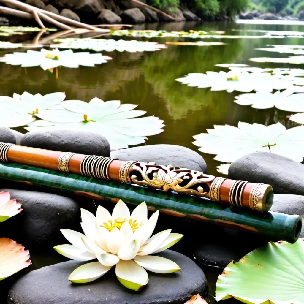Prompt: Indian bansuri lying on a rock near a river. River has white lotus away from the flute. Reflection of Lotus can be seen.