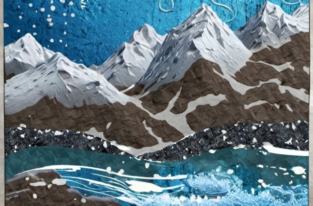 Prompt: Realistic texture art containing snowy mountains and a water body.