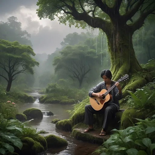 Prompt:  Imagine a lush, verdant landscape, with towering trees and vibrant foliage. At the heart of this scene, a lone guitarist stands on a small, moss-covered stone stage, gently strumming an acoustic guitar. The strings shimmer like silver threads in the soft light of the overcast sky.

Around the guitarist, an orchestra is assembled, with violins, cellos, and flutes blending their voices with the guitar's melody. The musicians are partially hidden by the dense greenery, their instruments glistening with raindrops. Some birds and forest creatures peek curiously from the underbrush, drawn by the music.

Above, dark, swirling clouds gather, preparing to release a downpour. A delicate mist hangs in the air, softening the edges of the scene. The first drops of rain begin to fall, creating a gentle rhythm that complements the music. The rain intensifies, forming a curtain of water that dances to the melody, each drop catching the light and adding to the visual symphony.