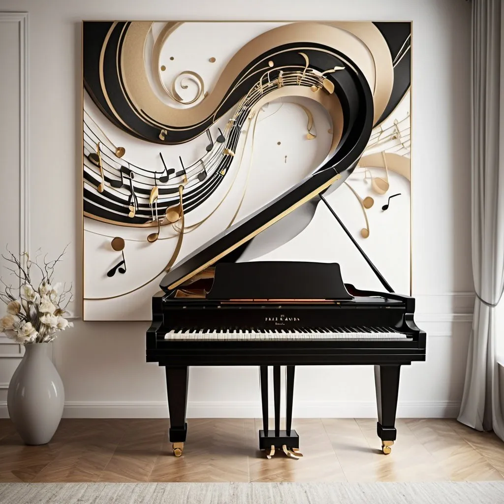 Prompt: Make the piano the focal point of your abstract design, using its graceful curves and lines to create a captivating visual composition that symbolizes the harmony of love. Incorporate things that convey romance. 