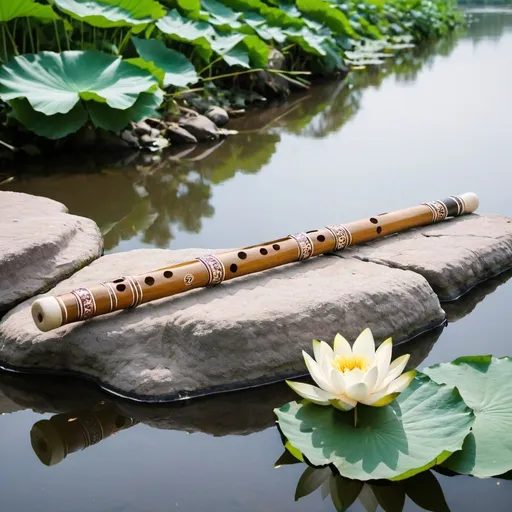 Prompt: Indian bansuri lying on a rock near a river. River has white lotus. Reflection of Lotus can be seen.