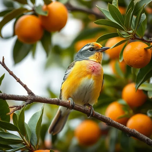 Prompt: A beautiful bird sitting on the branches of an orange tree