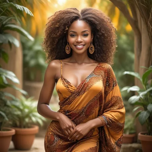 Prompt: exceptional beautiful African lady, (stunning) and (inviting) pose, warm and vibrant colors, graceful demeanor, sparkling eyes, flowing hair, elegant clothing that embodies beauty, captivating smile, alluring expression, environmentally enriched background, (highly detailed), serene ambiance, joyful and uplifting atmosphere, perfect balance of beauty and grace, convey admired and charmed