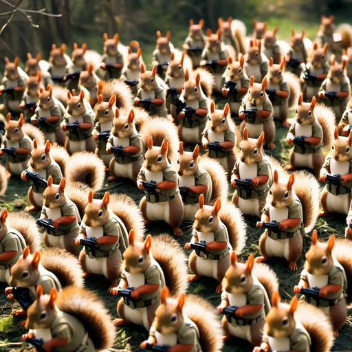 Prompt: Army of 50 Squirrels in full  mikitary combat gear