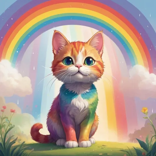 Prompt: "Generate a colorful illustration of a brave little cat named Whiskers standing in front of a magical rainbow."