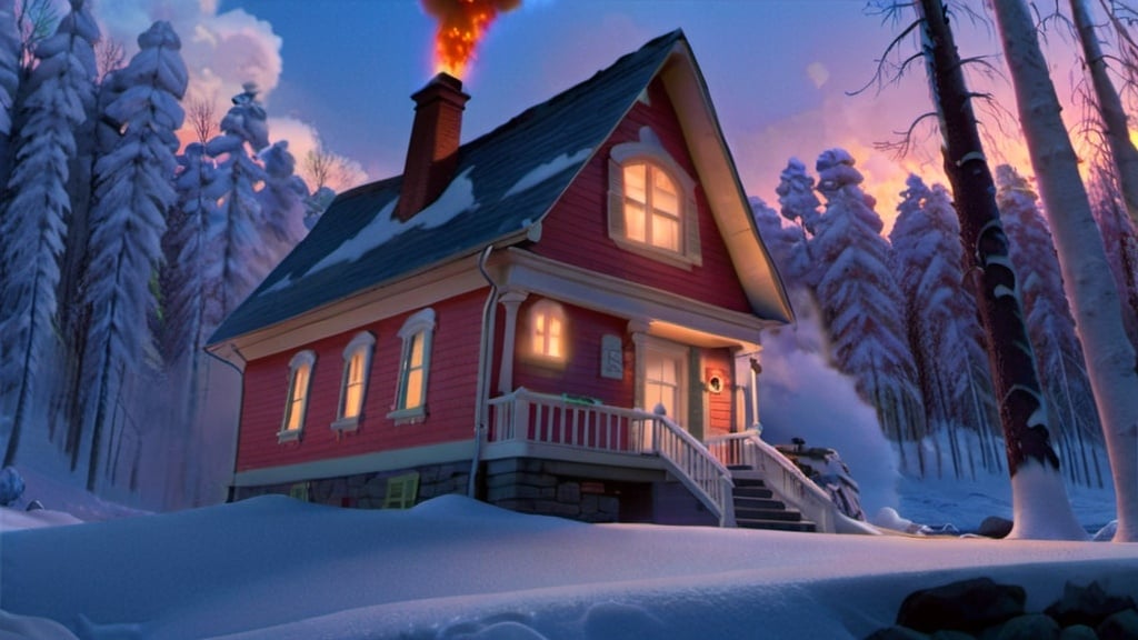 Prompt: A house with no steps to the front door is placed in the center so that it is directly visible in the middle of a snow-covered forest, and the house is on fire in the late night with the sky blue and dark. Only the image of the house on fire is brightly lit.