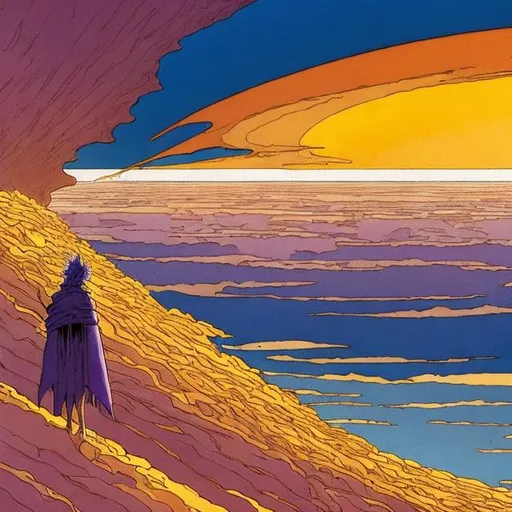 Prompt: Style of jean giraud's edena
Color palate has got to be the same as edena.

Strong focus on the characters and how they look and physically inhabit the space

**Panel 1:**
The first panel depicts a vast desert landscape stretching to the horizon. The sky above is a canvas of pastel colors, blending shades of pink, purple, and orange as the sun sets in the distance. In the foreground, Max and his companions traverse the sandy terrain, their vehicles kicking up dust clouds behind them. They appear small against the vastness of the desert, with the distant silhouette of the flying machine rising on the horizon, a beacon of curiosity drawing them forward.

**Panel 2:**
The second panel zooms in on Max and his companions as they approach the towering flying machine. They have come closer, their expressions a mix of awe and apprehension. Max, with his weathered face and determined gaze, leads the group, flanked by his companions, each displaying a unique mixture of curiosity and caution. The flying machine looms larger now, its intricate details becoming more apparent. Ancient symbols adorn its surface, hinting at its mysterious origins.

**Panel 3:**
The third panel is a close-up shot of Max and his companions standing before the colossal flying machine. They have parked their vehicles nearby, their forms now dwarfed by the machine's monumental size. The machine emits a soft, ethereal glow, casting a warm light on the surrounding desert. Max and his companions gaze up at the machine in wonder and uncertainty, unsure of what secrets it holds and what challenges lie ahead.

These descriptions should provide a vivid image of each panel, guiding an AI model or an artist in creating the illustrations. Let me know if you need any further assistance!
