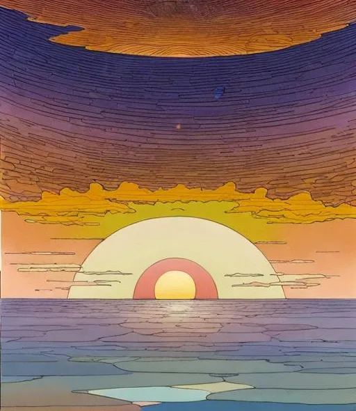 Prompt: Style of jean giraud's edena
Color palate has got to be the same as edena.

Strong focus on the characters and how they look and physically inhabit the space

**Panel 1:**
The first panel depicts a vast desert landscape stretching to the horizon. The sky above is a canvas of pastel colors, blending shades of pink, purple, and orange as the sun sets in the distance. In the foreground, Max and his companions traverse the sandy terrain, their vehicles kicking up dust clouds behind them. They appear small against the vastness of the desert, with the distant silhouette of the flying machine rising on the horizon, a beacon of curiosity drawing them forward.

**Panel 2:**
The second panel zooms in on Max and his companions as they approach the towering flying machine. They have come closer, their expressions a mix of awe and apprehension. Max, with his weathered face and determined gaze, leads the group, flanked by his companions, each displaying a unique mixture of curiosity and caution. The flying machine looms larger now, its intricate details becoming more apparent. Ancient symbols adorn its surface, hinting at its mysterious origins.

**Panel 3:**
The third panel is a close-up shot of Max and his companions standing before the colossal flying machine. They have parked their vehicles nearby, their forms now dwarfed by the machine's monumental size. The machine emits a soft, ethereal glow, casting a warm light on the surrounding desert. Max and his companions gaze up at the machine in wonder and uncertainty, unsure of what secrets it holds and what challenges lie ahead.

Should be focus on mad max himself and about 6 other people . include various kinds vehicles in the images.  A character study in one of the panel