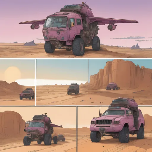 Prompt: 3 graphic novel panels by Moebius

Color palete and aesthetic as if Mad Max was a graphic novel by Meobius

A character study as much a realized landscape and world

Mad max  is going to reflect many of the emotions of his companions in his face and the way he holds his body 

A total off 6 people are in these panels and they are traveling by various modes of transport. 

Make the various vehicles look really detailed and realistic for the graphic novel

People's faces need to be in these images and they must look like jean giraud drew them

**Panel 1:**
The first panel depicts a vast desert landscape stretching to the horizon. The sky above is a canvas of pastel colors, blending shades of pink, purple, and orange as the sun sets in the distance. In the foreground, Max and his companions traverse the sandy terrain, their vehicles kicking up dust clouds behind them. They appear small against the vastness of the desert, with the distant silhouette of the flying machine rising on the horizon, a beacon of curiosity drawing them forward.

**Panel 2:**
The second panel zooms in on Max and his companions as they approach the towering flying machine. They have come closer, their expressions a mix of awe and apprehension. Max, with his weathered face and determined gaze, leads the group, flanked by his companions, each displaying a unique mixture of curiosity and caution. The flying machine looms larger now, its intricate details becoming more apparent. Ancient symbols adorn its surface, hinting at its mysterious origins.

**Panel 3:**
The third panel is a close-up shot of Max and his companions standing before the colossal flying machine. They have parked their vehicles nearby, their forms now dwarfed by the machine's monumental size. The machine emits a soft, ethereal glow, casting a warm light on the surrounding desert. Max and his companions gaze up at the machine in wonder and uncertainty, unsure of what secrets it holds and what challenges lie ahead 