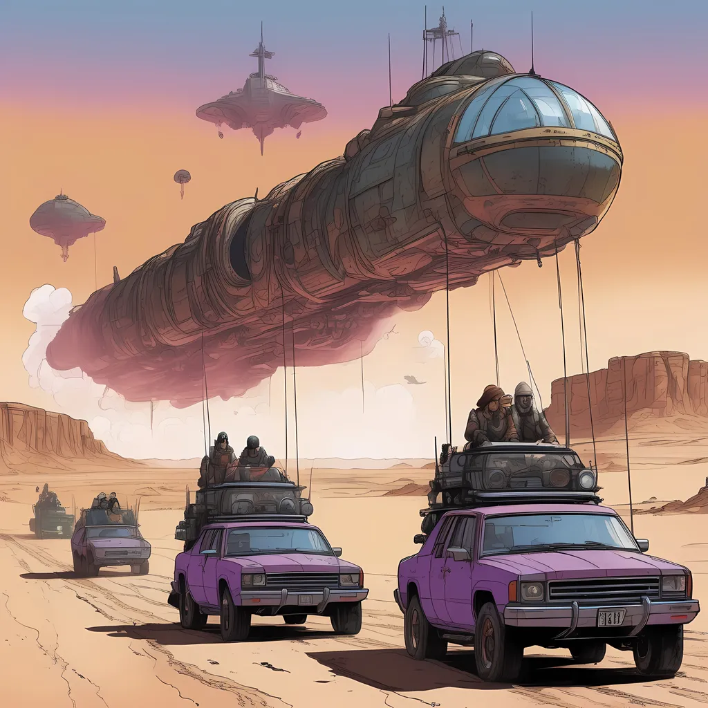 Prompt: 3 graphic novel panels by Moebius

Color palete and aesthetic as if Mad Max was a graphic novel by Meobius

A character study as much a realized landscape and world

Mad max  is going to reflect many of the emotions of his companions in his face and the way he holds his body 

A total off 6 people are in these panels and they are traveling by various modes of transport. 

Make the various vehicles look really detailed and realistic for the graphic novel

People's faces need to be in these images and they must look like jean giraud drew them

**Panel 1:**
The first panel depicts a vast desert landscape stretching to the horizon. The sky above is a canvas of pastel colors, blending shades of pink, purple, and orange as the sun sets in the distance. In the foreground, Max and his companions traverse the sandy terrain, their vehicles kicking up dust clouds behind them. They appear small against the vastness of the desert, with the distant silhouette of the flying machine rising on the horizon, a beacon of curiosity drawing them forward.

**Panel 2:**
The second panel zooms in on Max and his companions as they approach the towering flying machine. They have come closer, their expressions a mix of awe and apprehension. Max, with his weathered face and determined gaze, leads the group, flanked by his companions, each displaying a unique mixture of curiosity and caution. The flying machine looms larger now, its intricate details becoming more apparent. Ancient symbols adorn its surface, hinting at its mysterious origins.

**Panel 3:**
The third panel is a close-up shot of Max and his companions standing before the colossal flying machine. They have parked their vehicles nearby, their forms now dwarfed by the machine's monumental size. The machine emits a soft, ethereal glow, casting a warm light on the surrounding desert. Max and his companions gaze up at the machine in wonder and uncertainty, unsure of what secrets it holds and what challenges lie ahead 