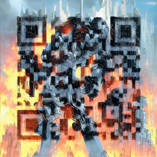 Prompt: masterpiece, best quality, mecha, no humans, black armor, blue eyes, science fiction, fire, laser canon beam, war, conflict, destroyed city background