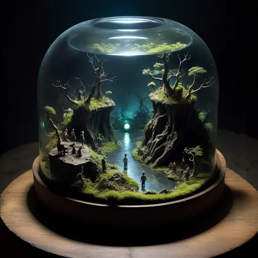 Prompt: "A massive, intricately detailed terrarium containing a miniature, eerie world where tiny human-like figures appear trapped in surreal, unsettling environments. The landscape is dark and twisted, featuring jagged cliffs, dead trees, glowing rivers of unknown substances, and ominous creatures lurking in the shadows. The glass of the terrarium is cracked in places, with glowing runes etched along the edges, hinting at a dark magic sealing them inside. The figures are frozen mid-action, as though caught in a moment of panic or despair, creating a haunting and immersive visual narrative of entrapment and fear."