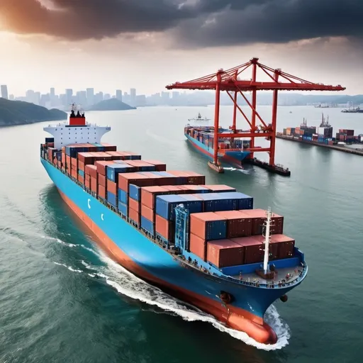 Prompt: Please create a picture with container vessel sailing to another Harbour which should be a symbol for a new job. The picture should be more creative
