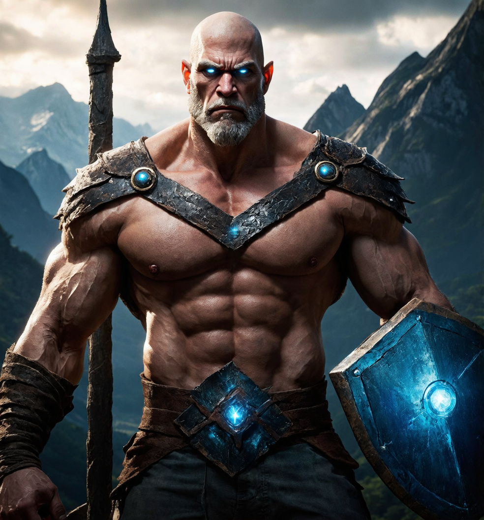 Prompt: bald, bulk muscular male giant, rocky skin, glowing blue eyes, holding shield, grim environment, Weta Digital, dramatic lighting, high contrast, epic high fantasy atmosphere, rich and vivid color tones, photorealistic, ultra-realistic textures, mountain tower background, cinematic, intricate shield design, 4K, ultra-detailed, medium shot.