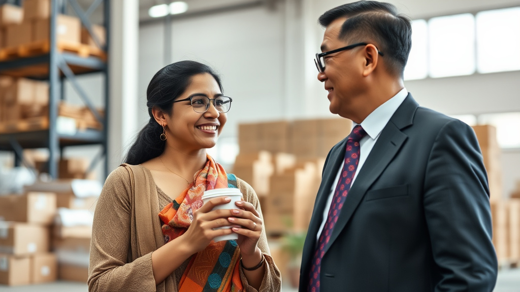 Prompt: 20s indian woman, holding coffee, warehouse office, talking to 50s chinese man, suit