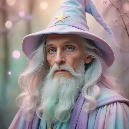 Prompt: Dreamy pastel portrait, wizard, ethereal atmosphere, soft focus