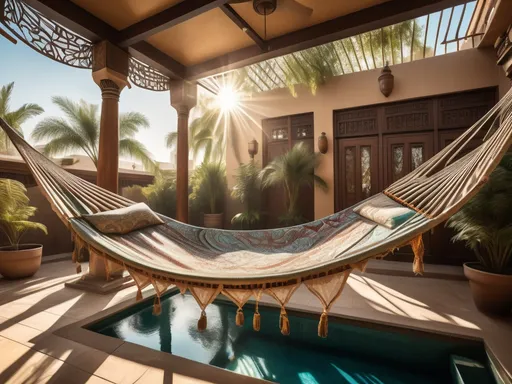 Prompt: Hammock hanging from a roof, breathtaking view of a shimmering pool and lush patio, inspired by Altoon Sultan's style and the arts and crafts movement, adorned with elements of Egyptian art, ultra-wide angle perspective, vibrant colors, intricate patterns, warm sunlight filtering through, inviting and relaxed ambiance, ultra-detailed, high-quality imagery.