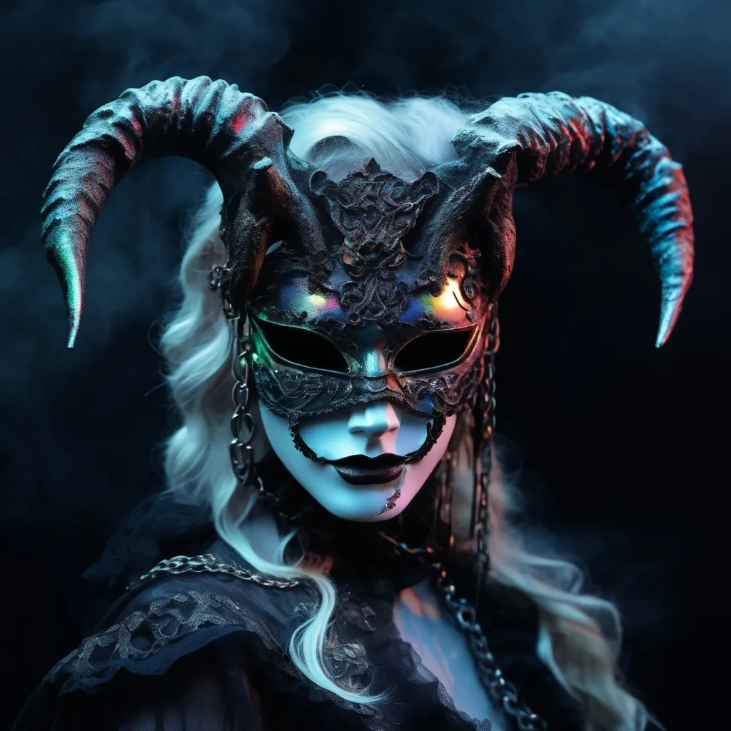 Prompt: HR GEIGER BEAUTIFUL glowing iridescent carnival mask  chains horns glowing iridescent fog ominous macabre sinister beautiful 