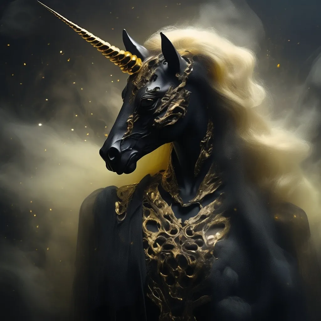 Prompt: HR GEIGER BEAUTIFUL alien mutant black and gold unicorn surrounded by glowing iridescent fog ominous atmosphere macabre sinister beautiful 