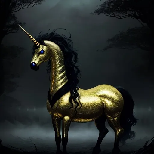 Prompt: HR GEIGER BEAUTIFUL alien mutant black and gold unicorn surrounded by glowing iridescent fog ominous atmosphere macabre sinister beautiful 