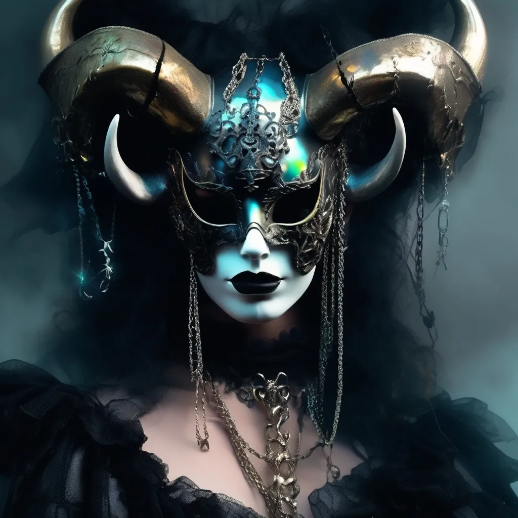 Prompt: HR GEIGER BEAUTIFUL glowing iridescent carnival mask  chains horns glowing iridescent fog ominous macabre sinister beautiful 