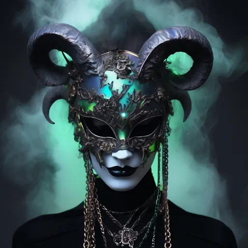 Prompt: HR GEIGER BEAUTIFUL glowing iridescent carnival mask  chains horns glowing iridescent fog ominous macabre sinister beautiful 