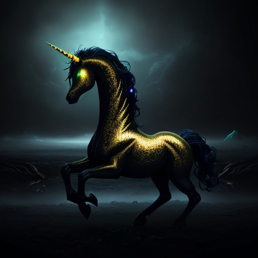 Prompt: HR GEIGER BEAUTIFUL alien mutant black and gold unicorn surrounded by glowing iridescent fog ominous atmosphere macabre sinister beautiful 