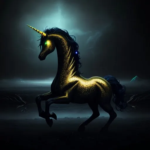 Prompt: HR GEIGER BEAUTIFUL alien mutant black and gold unicorn surrounded by glowing iridescent fog ominous atmosphere macabre sinister beautiful 