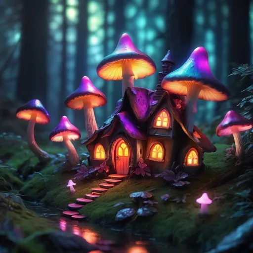 Prompt:  HR GEIGER STYLE glowing  iridescent macabre sinister ominous beautiful Enchanted forest With glowing mushrooms as little fairy houses