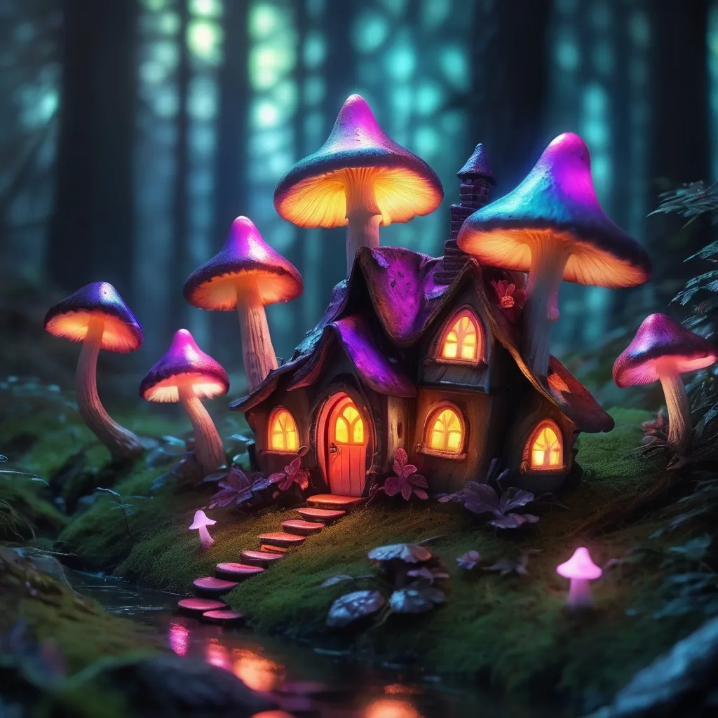 Prompt:  HR GEIGER STYLE glowing  iridescent macabre sinister ominous beautiful Enchanted forest With glowing mushrooms as little fairy houses