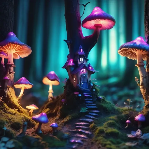 Prompt:  HR GEIGER STYLE glowing  iridescent macabre sinister ominous beautiful Enchanted forest With glowing mushrooms as little fairy houses