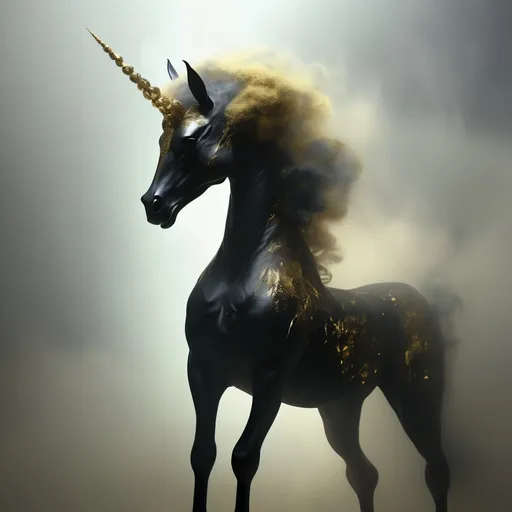 Prompt: HR GEIGER BEAUTIFUL alien mutant black and gold unicorn surrounded by glowing iridescent fog ominous atmosphere macabre sinister beautiful 