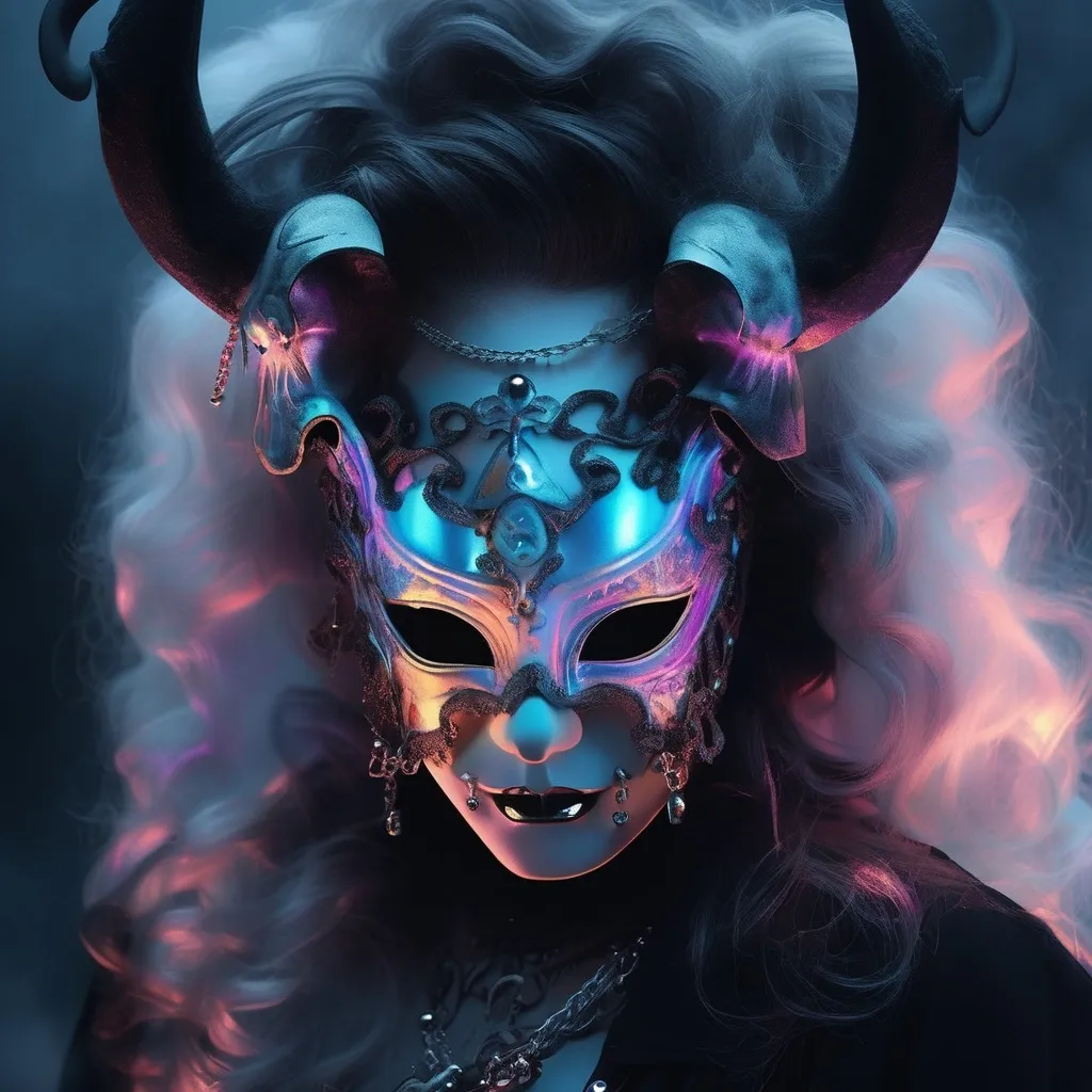 Prompt: HR GEIGER BEAUTIFUL glowing iridescent carnival mask  chains horns glowing iridescent fog ominous macabre sinister beautiful 