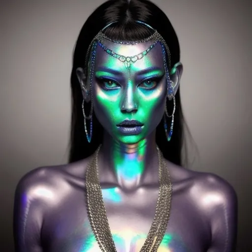 Prompt: HR GEIGER BEAUTIFUL alien women with iridescent chains 