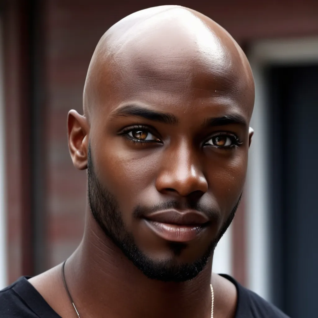 Prompt: Handsome Darkskin Black male, with light beard, bald head, beautiful eyes