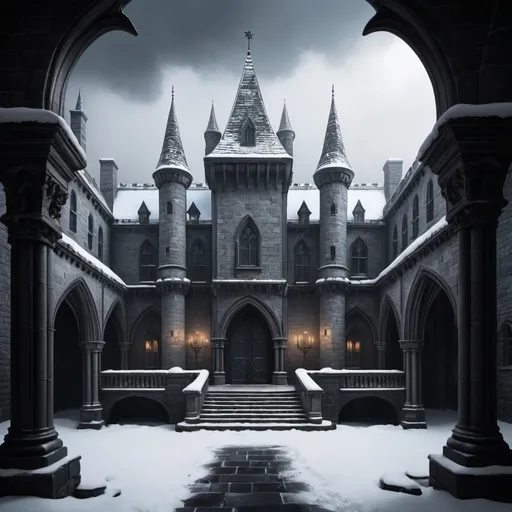 Prompt: A gothic dark fantasy snowy castle courtyard
