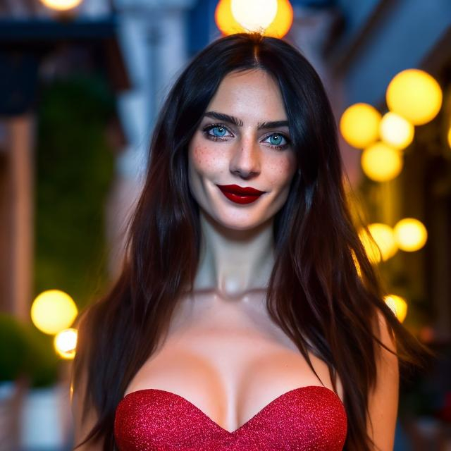 Prompt: a beautiful Italian woman ((at night)) with blue eyes, freckles, long messy dark black hair, wearing a short skirt, cleavage, long legs, lipstick, ((full body)),