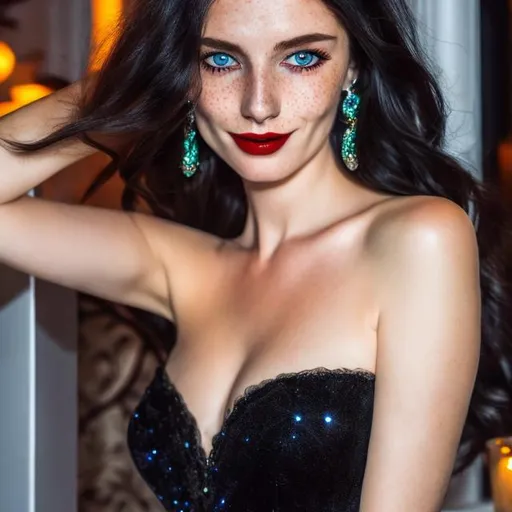 Prompt: a beautiful Italian woman ((at night)) with blue eyes, freckles, long messy dark black hair, wearing a cocktail dress, cleavage, long legs, lipstick, ((full body)),