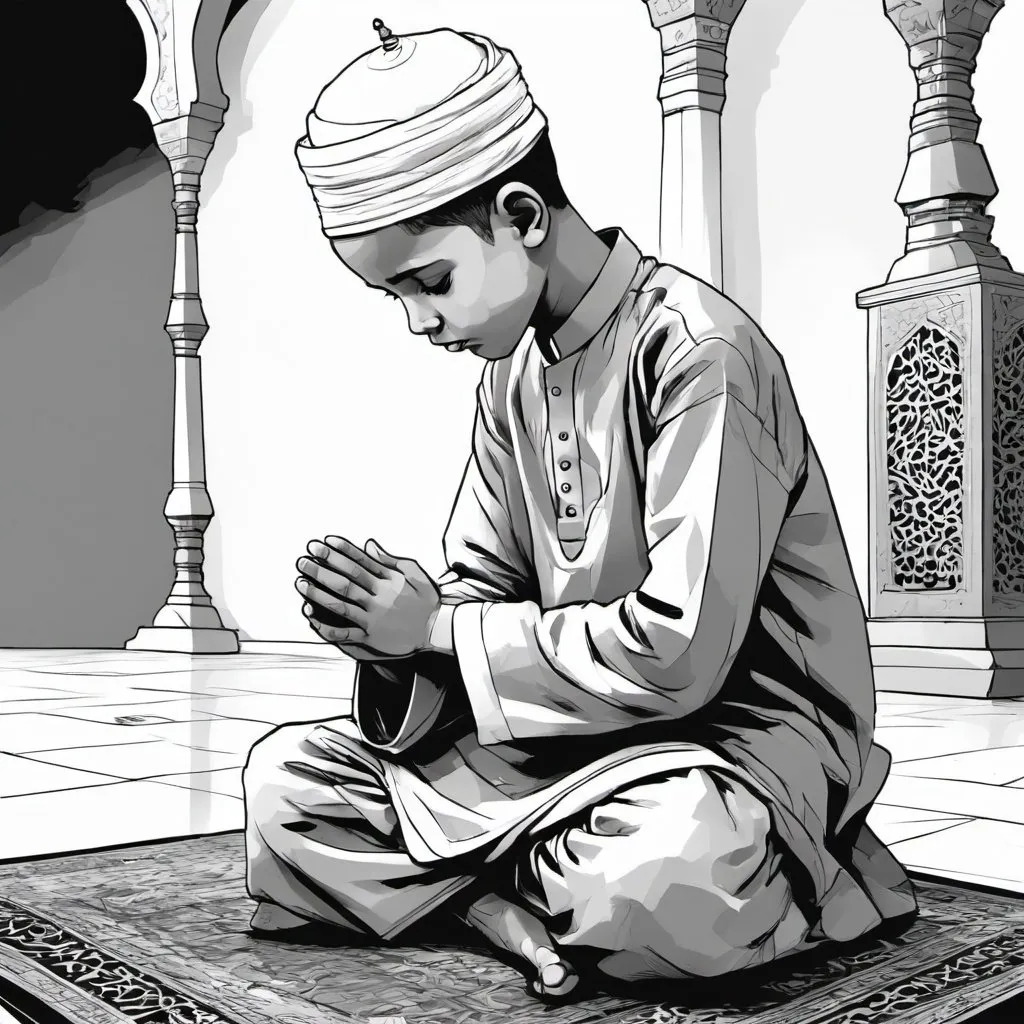Prompt: boy praying in islamic manners