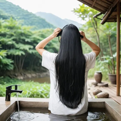 Prompt: asian Woman with long black straight hair washing her hair in the nature view from her back