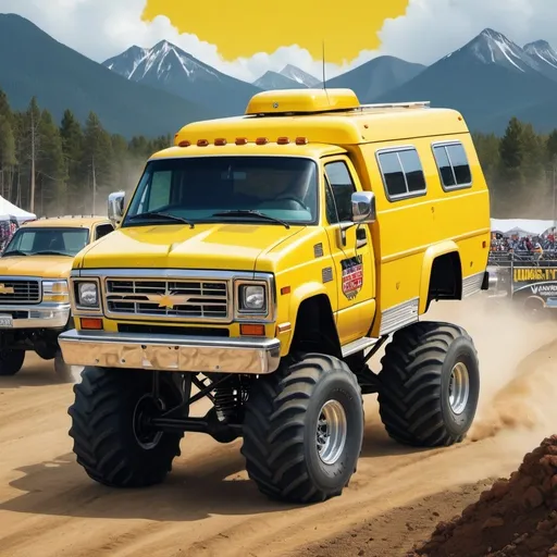 Prompt: A poster for a Monster Truck Rally With a Yellow Winnebago as the main attraction