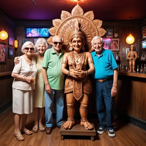 Prompt: Two elderly couples inside a disco bar getting their picture taken with a wooden indian statue between them. Photorealistic 