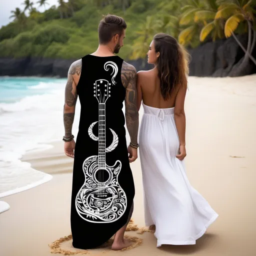 Prompt: Guitare plage couple homme noire tatouage tahitien et femme blanche robe coloré