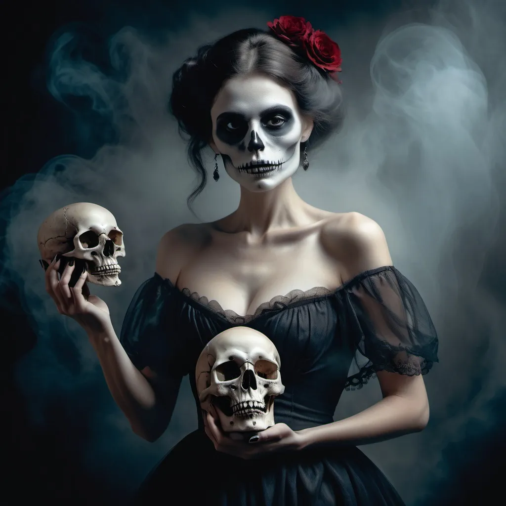 Prompt: spooky sultry dia des les meurtos lady standing in a dress holding a skull, foggy background